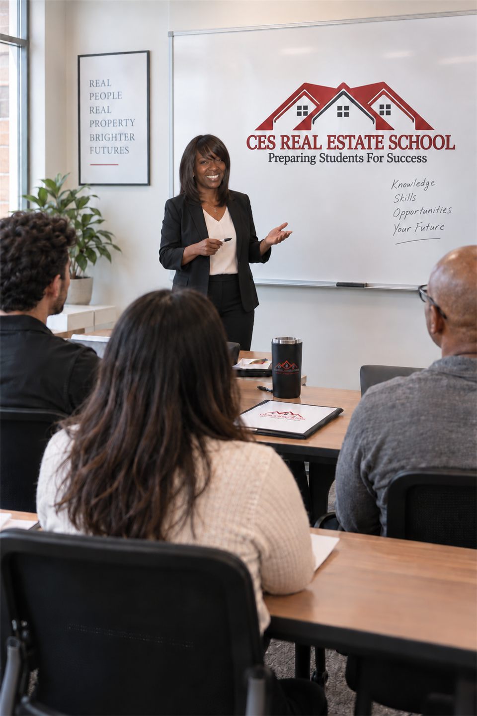 AI-created illustration of Charlotte Saulter teaching adult students at CES Real Estate School