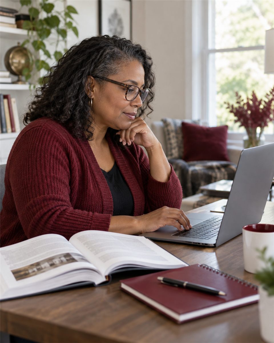 Independent online study with a laptop and textbook — illustrative image