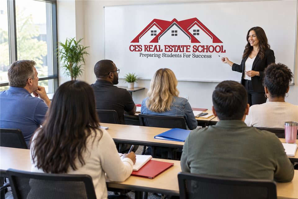 Illustration of adult students facing a classroom whiteboard displaying the CES Real Estate School logo